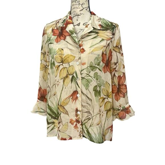 Vintage 90s Alfred Dunner Button Up Blouse Floral Sheer Cardigan Ruffle sleeve - Picture 1 of 9